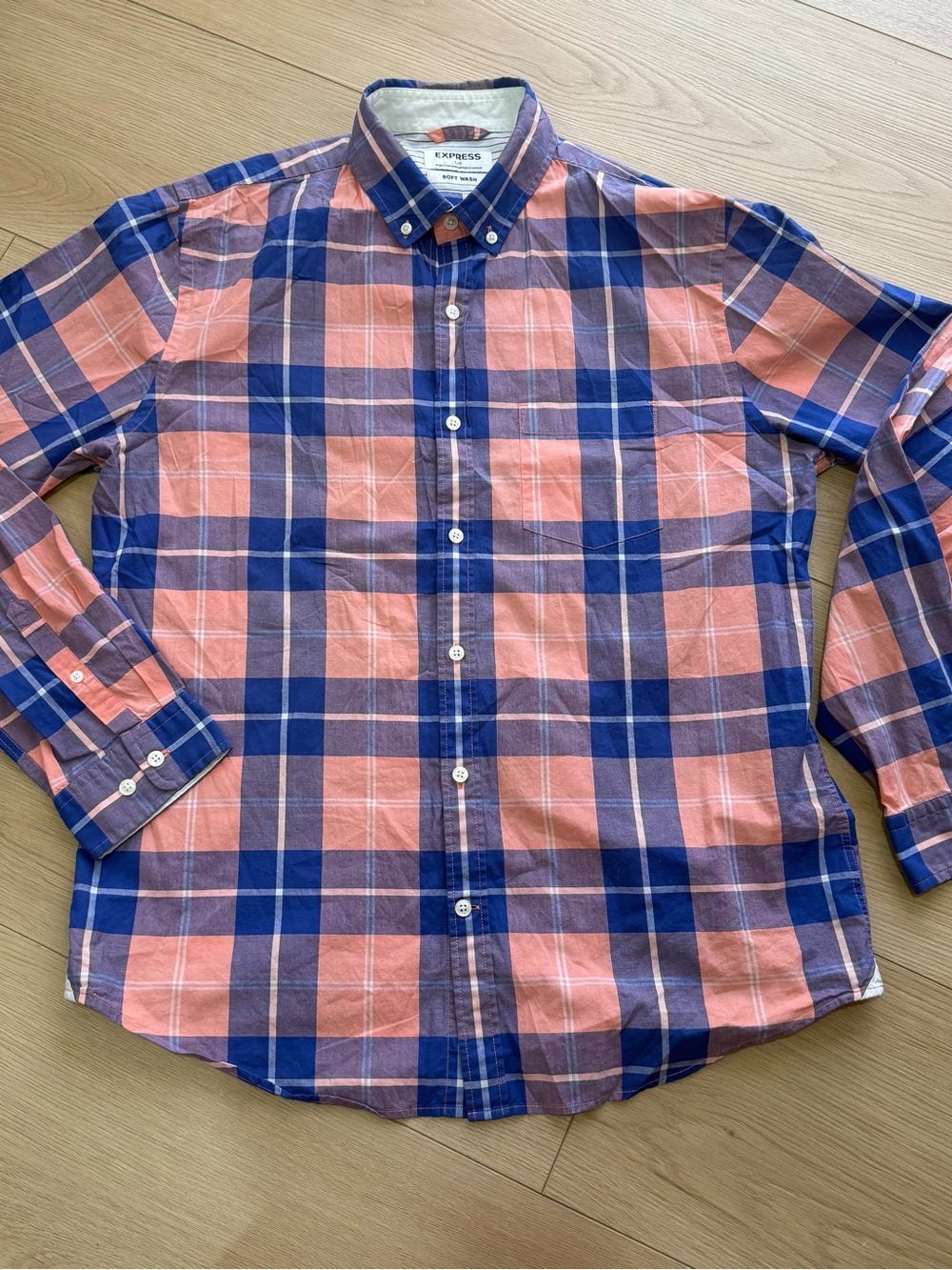 Express Men's Navy Blue & Peach Plaid Button-Down Shirt
